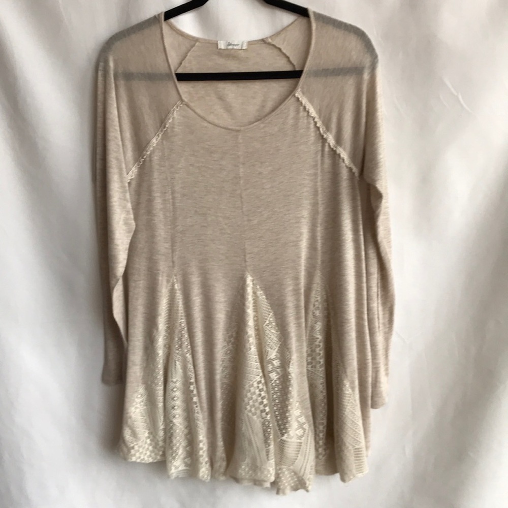 Steezyer semi-sheer cream Boho-style top with lace insets, raw hem, size S